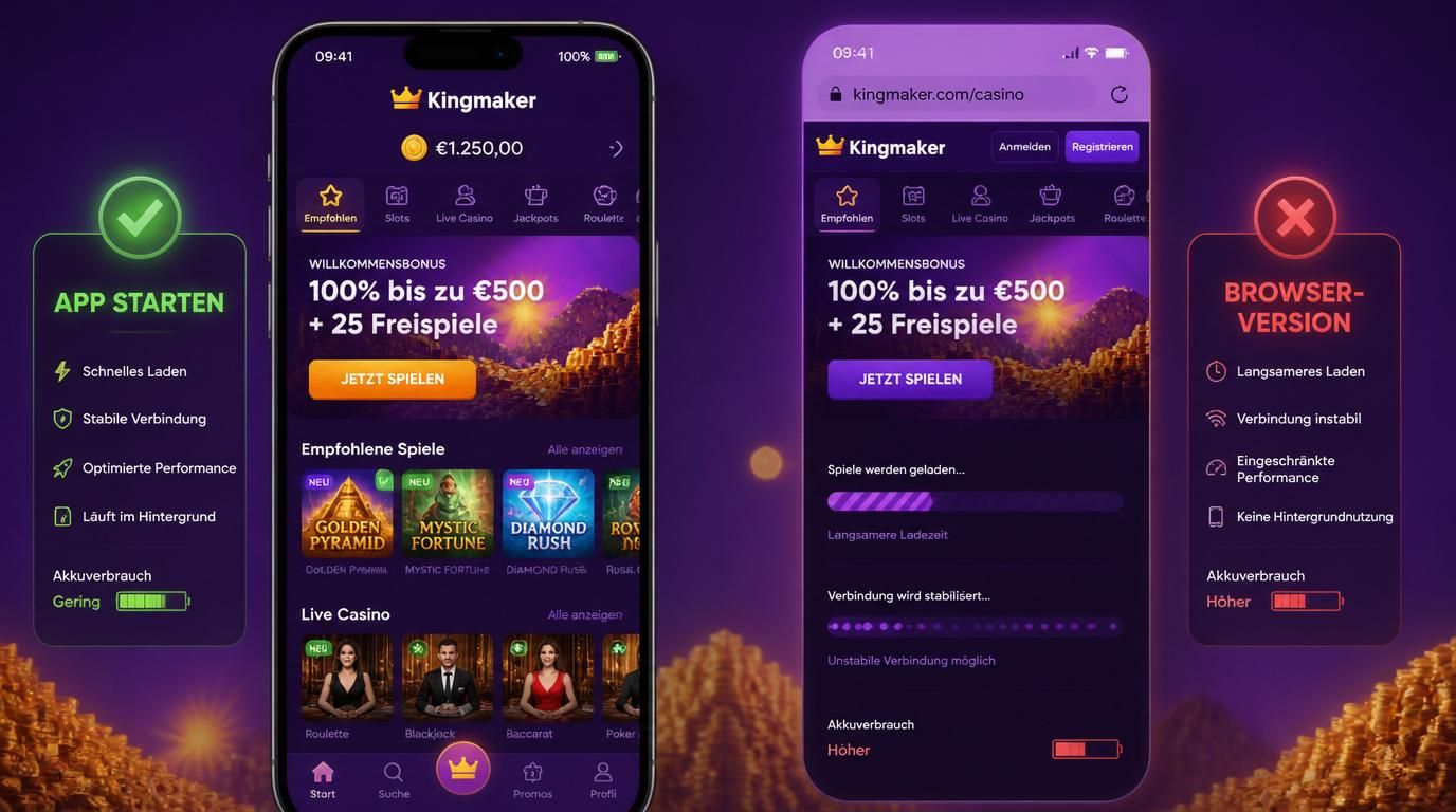 Zeigt Vergleich zwischen der App und der mobilen Webseite von Kingmaker auf einem Android-Gerät