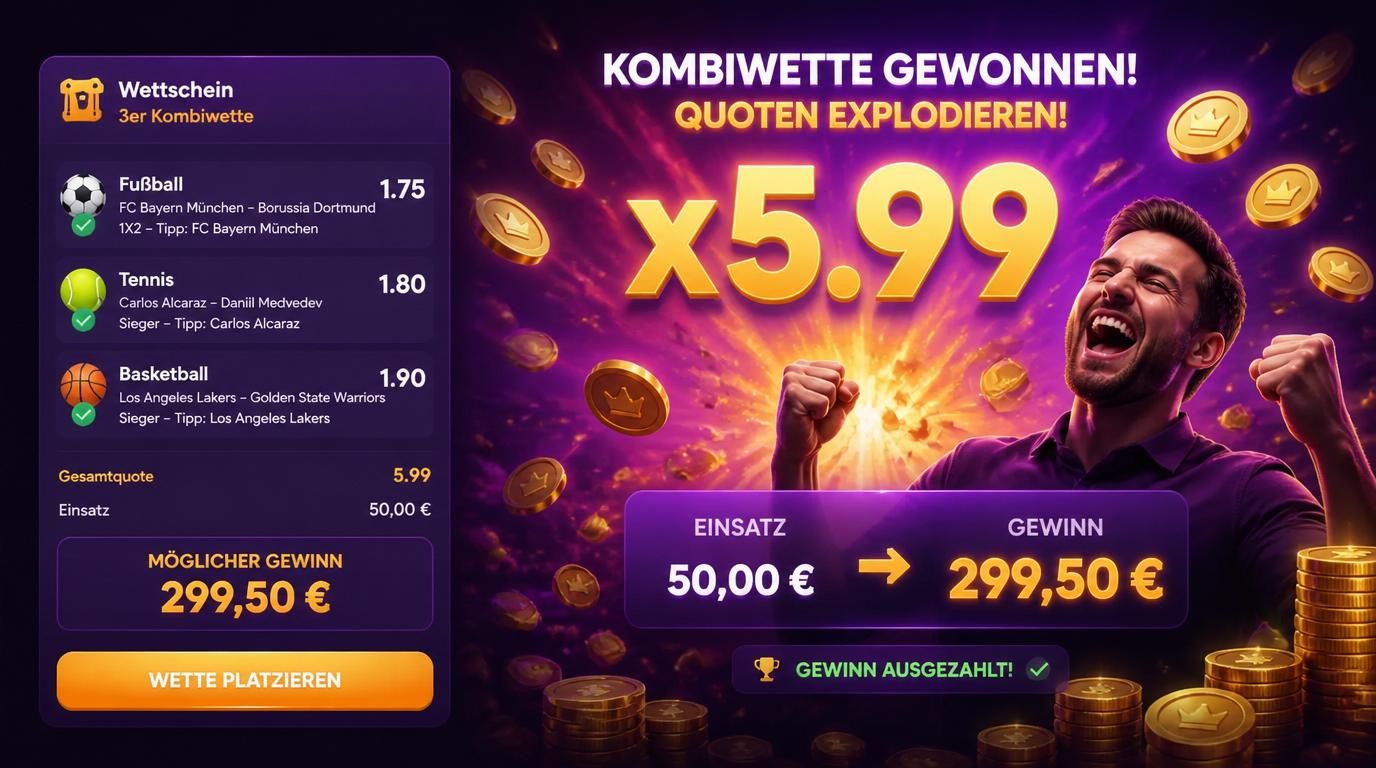 Kombiwette mit mehreren Sportarten und explosiver Quote bei Kingmaker Casino