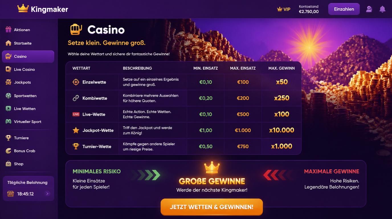 Übersicht Wettlimits bei Kingmaker Casino von kleineren Einsätzen bis riesiger Gewinnchance