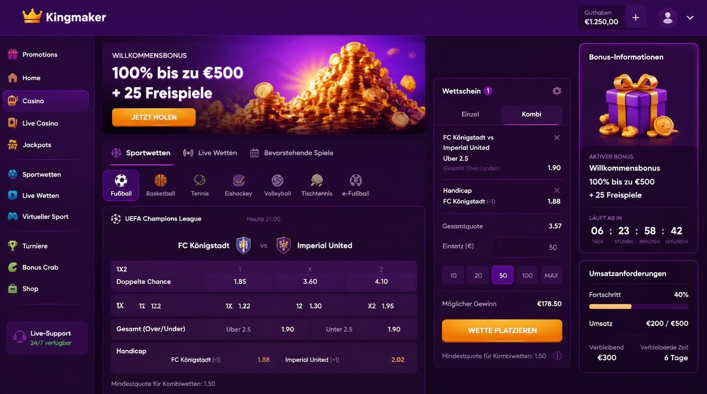 Ein Bildschirm mit Informationen zu Umsatzpflicht, Wettformular und Timer, alles in deutsch.