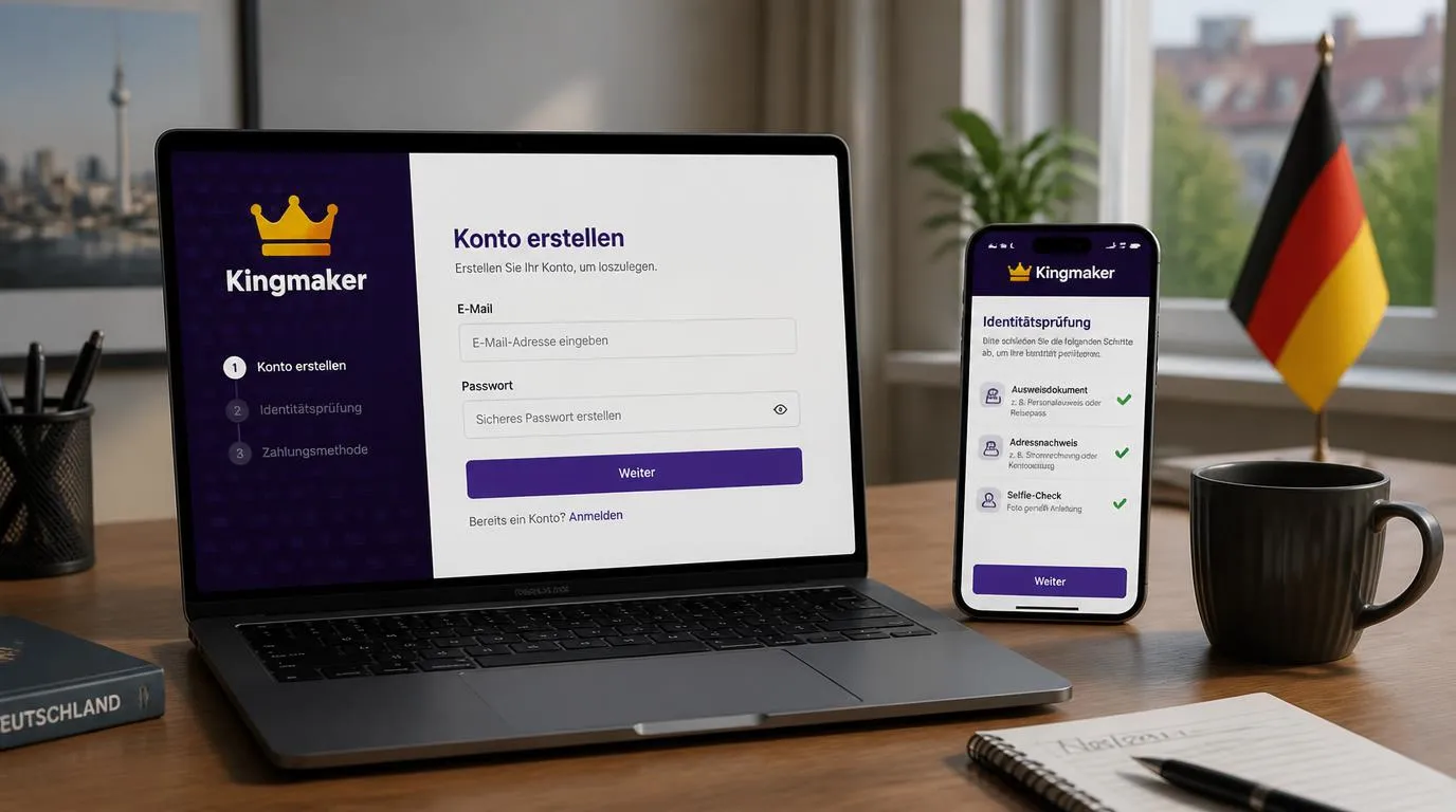 Laptop mit Registrierungsformular und Smartphone mit Identitätsprüfung für ein Casinokonto