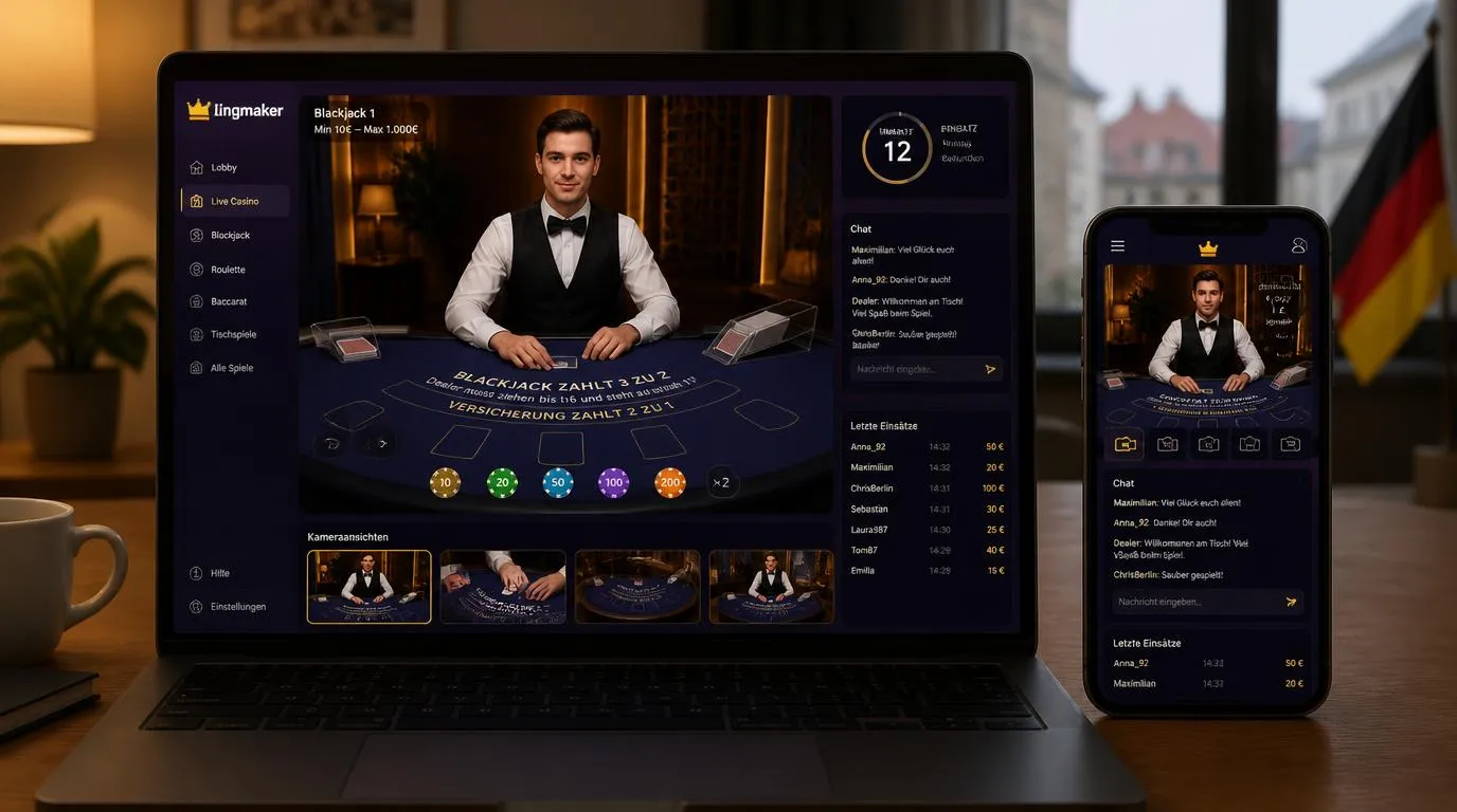 Live-Casino-Oberfläche mit Dealer-Video, Chat, Wettverlauf und mehreren Kameransichten