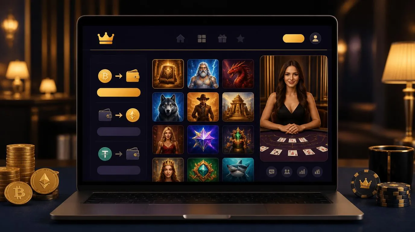 Casino-Oberfläche mit Kryptowährungszahlung, Spielauswahl und Live-Dealer-Bereich