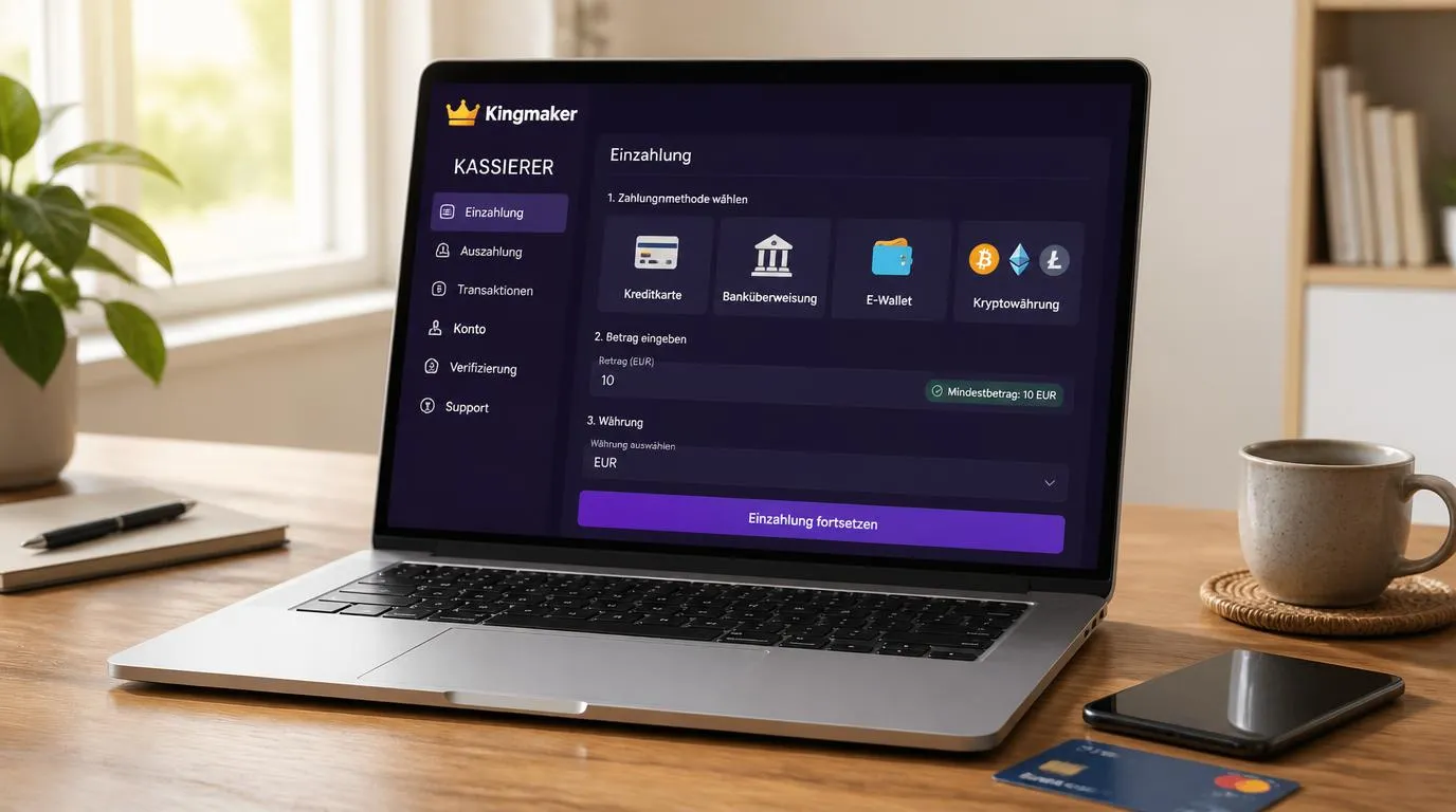 Casino-Kassenbereich mit EUR-Kontowährung, Kartenzahlung und Banküberweisung auf einem Laptop